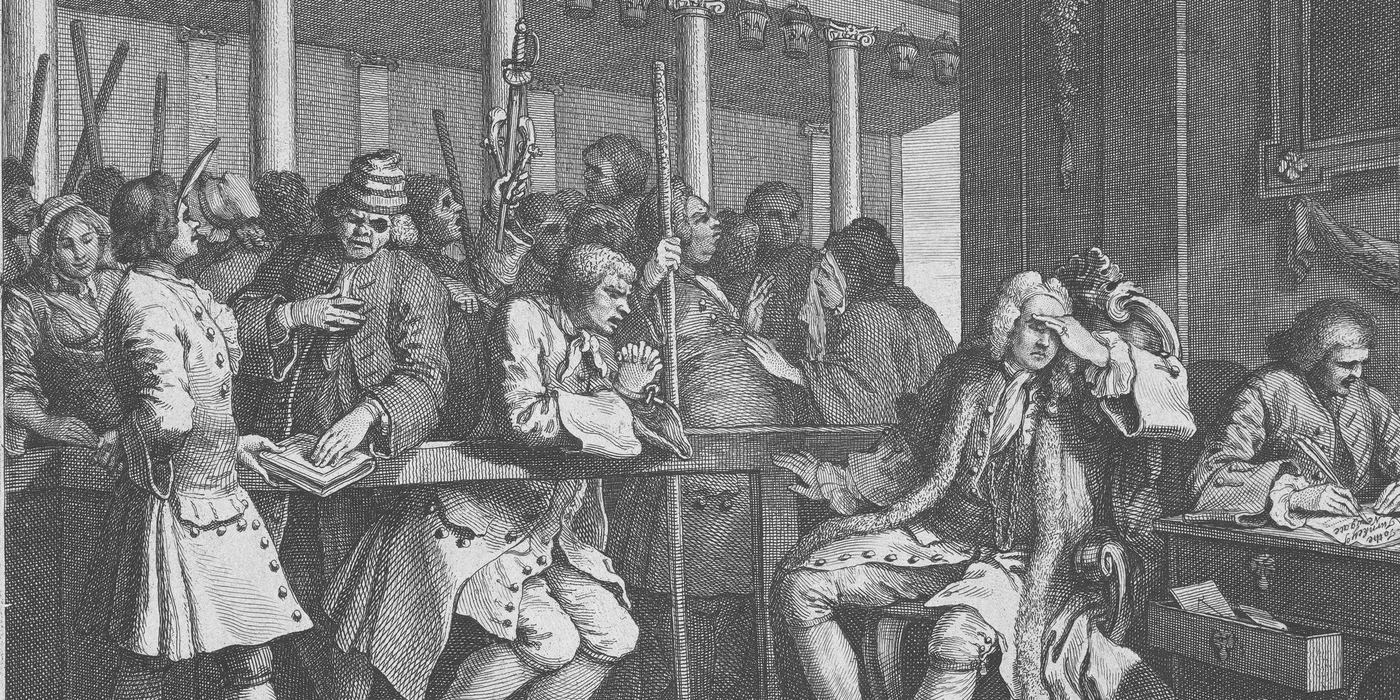 Gravura de Hogarth: um réu levado perante o magistrado, que cobre o rosto, enquanto o cúmplice o acusa.