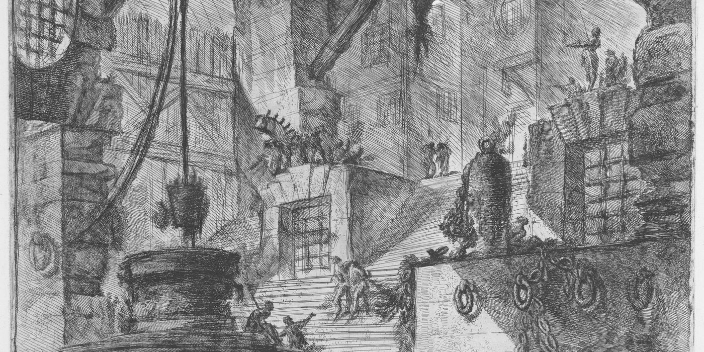 Gravura de Piranesi: prisão imaginária com poço, escadarias, argolas e figuras ao fundo.