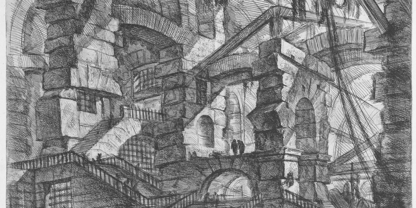 Gravura de Piranesi: arco gótico de uma prisão imaginária, com escadas e passarelas.