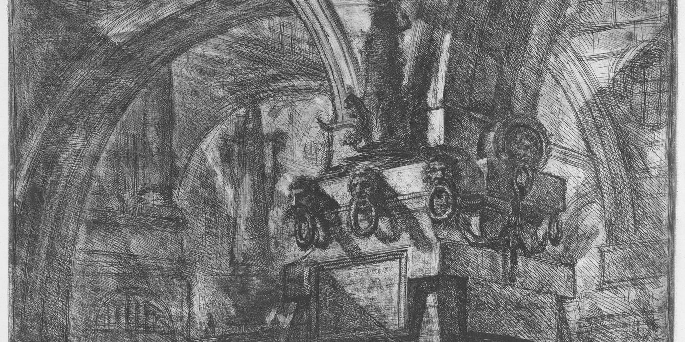 Gravura de Piranesi: arcos monumentais de uma prisão imaginária, com uma lanterna suspensa.