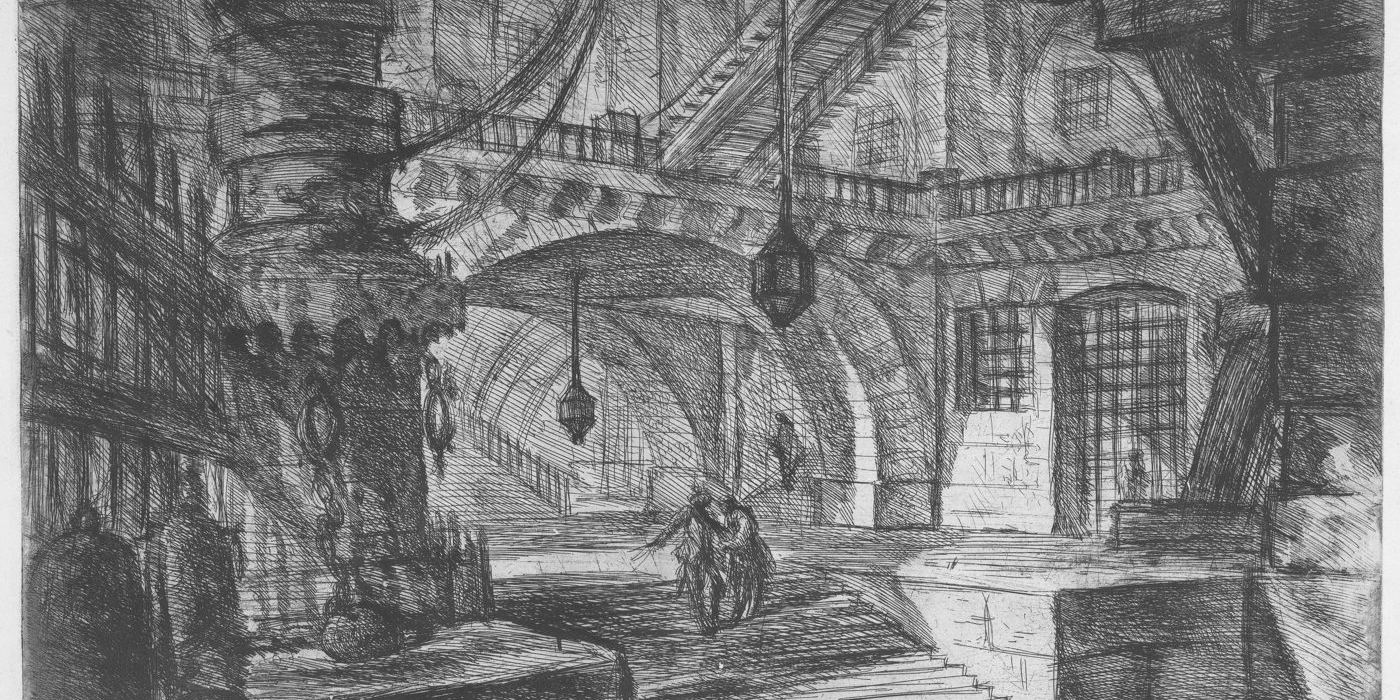 Gravura de Piranesi: interior de uma prisão imaginária, com arcos, escadas, correntes e lanternas suspensas.