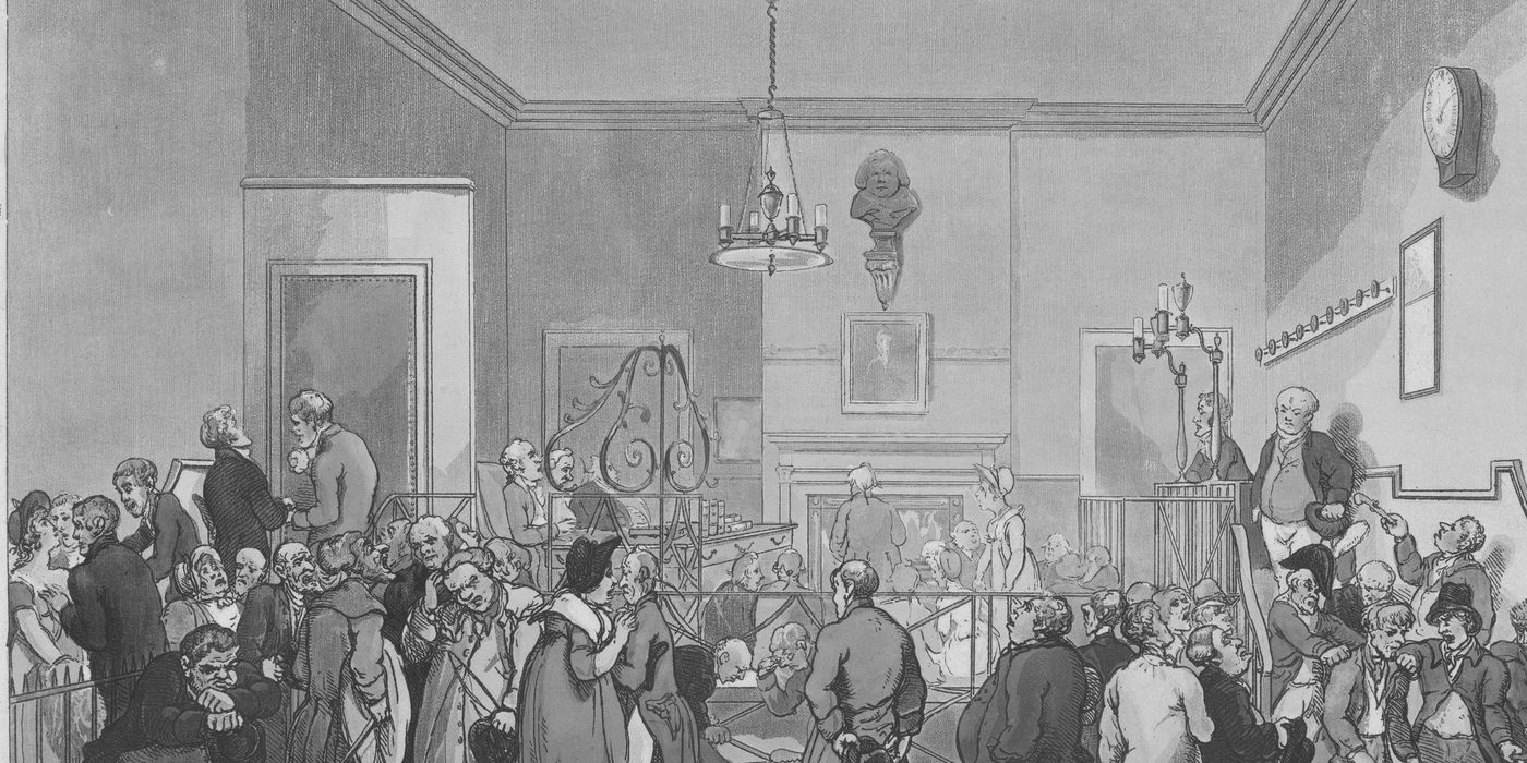 Gravura colorida de Rowlandson e Pugin, em cinza: sala do juízo de Bow Street, em Londres, com magistrado, acusados e público.