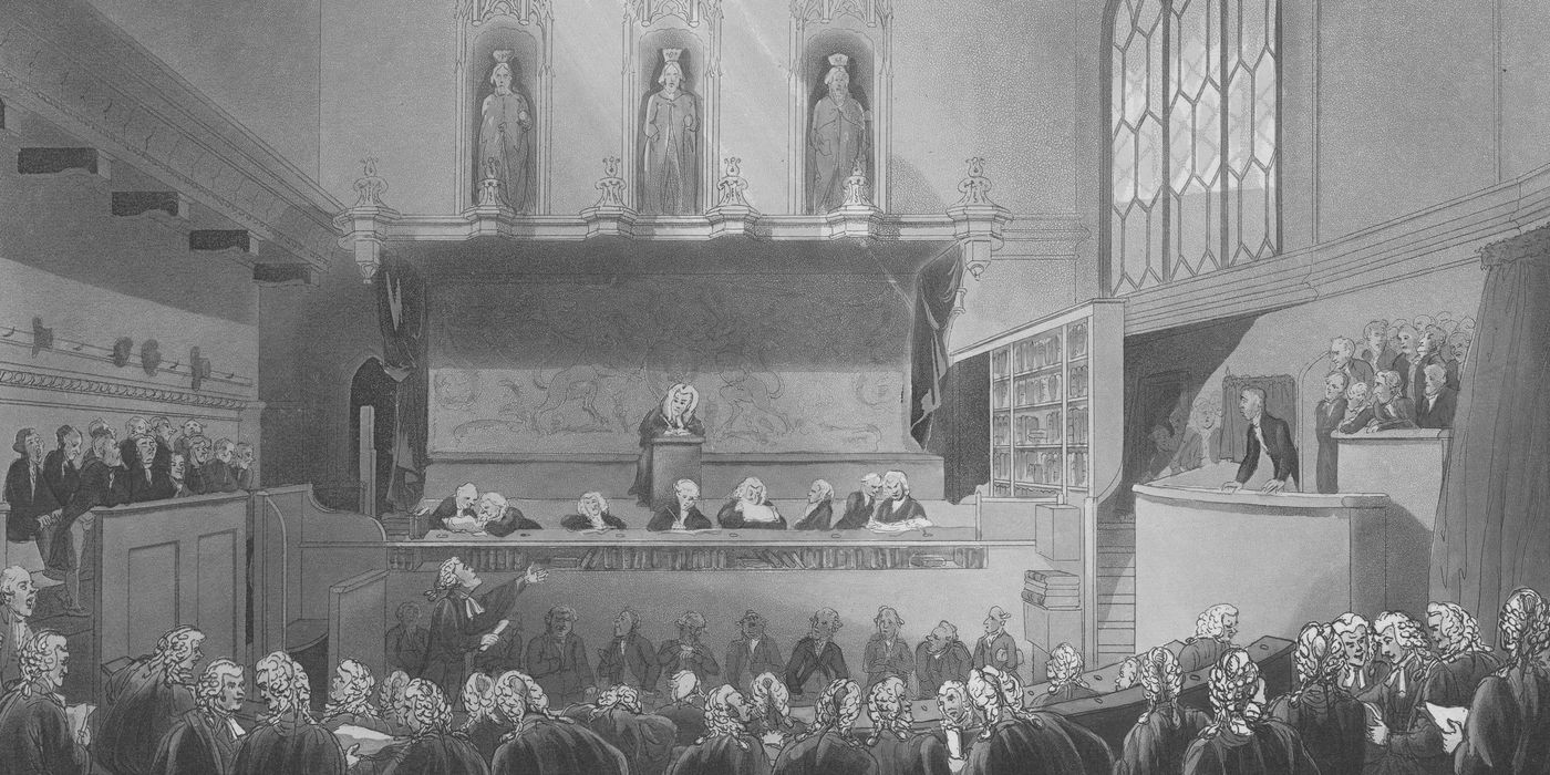 Gravura colorida de Rowlandson e Pugin, em cinza: o Tribunal do King's Bench em sessão, no Westminster Hall.